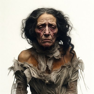 Elderly woman in tattered lace dress