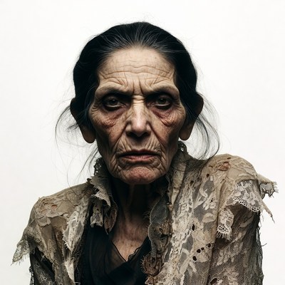 Elderly woman in tattered lace dress