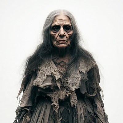 Elderly woman in tattered dress