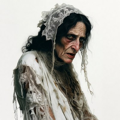 Elderly witch with lace headscarf