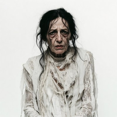 Elderly woman in tattered white dress