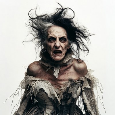 Terrifying hag with wild hair screaming