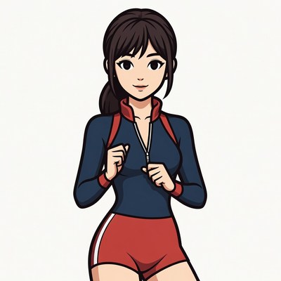 Anime girl zipping navy tracksuit