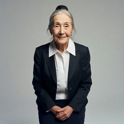 Elderly woman smiling in suit