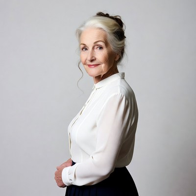 Elderly woman in white blouse and navy skirt