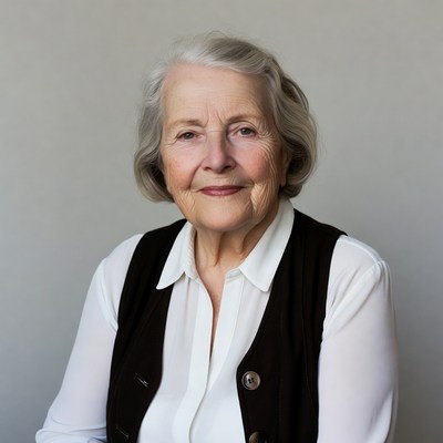 Elderly woman smiling in vest
