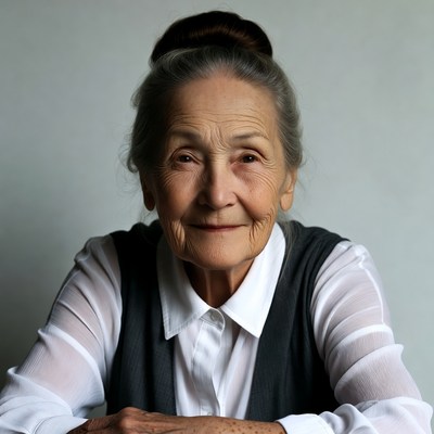 Elderly woman smiling with arms crossed