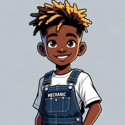 Black boy in mechanic overalls