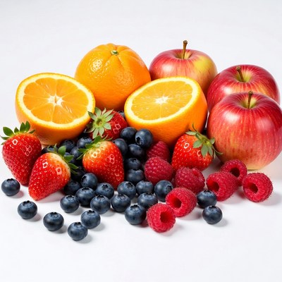 Fresh strawberries oranges apples blueberries raspberries