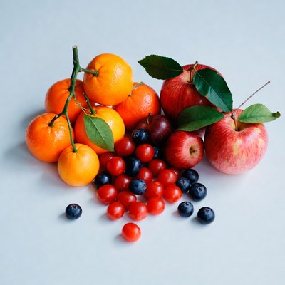 Fresh Oranges Apples Berries on White