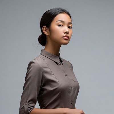 Asian woman in gray blouse