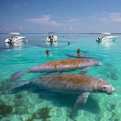 Manatees swimming with snorkelers in clear turquoise water