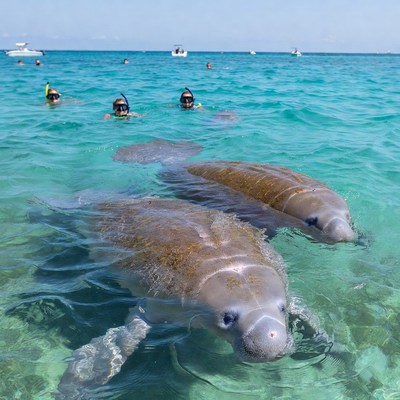 Manatees Swimming with Snorkelers in Clear Ocean