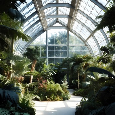 Lush Tropical Plants in Glass Conservatory