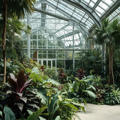 Lush Plants in Glass Conservatory