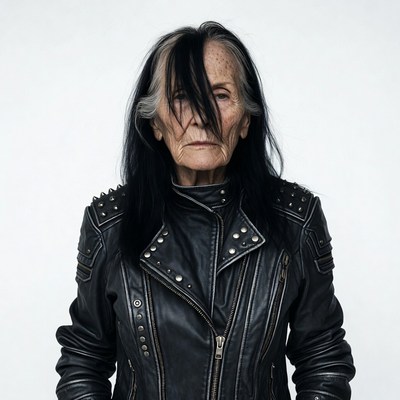 Elderly woman in studded leather jacket
