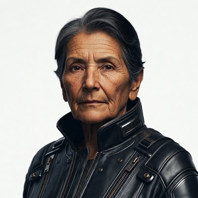 Elderly woman in black futuristic jacket