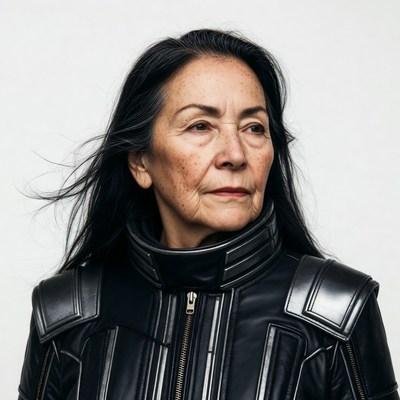 Woman in futuristic black leather jacket