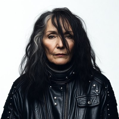 Woman in black leather jacket