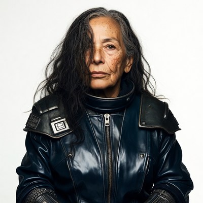 Elderly woman in futuristic leather armor