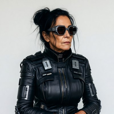 Woman in futuristic black leather jacket