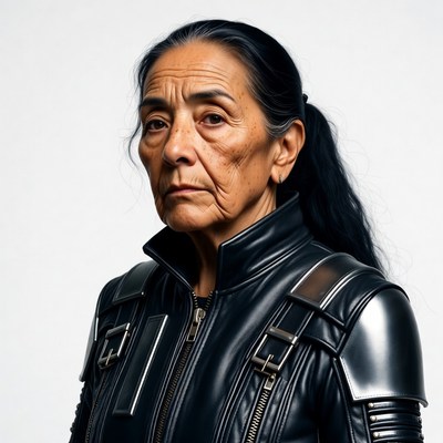 Elderly Asian woman in black sci-fi jacket