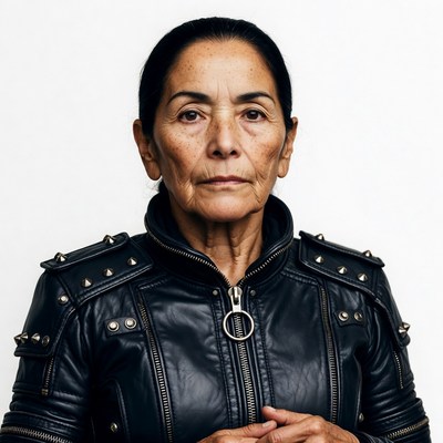 Older Latina woman in studded leather jacket