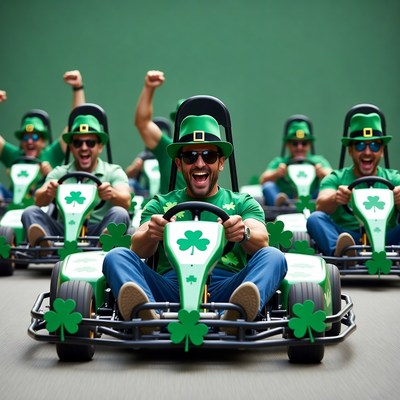 Men in green hats racing go-karts