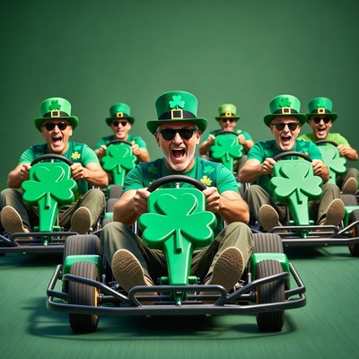 Men in green hats racing go-karts