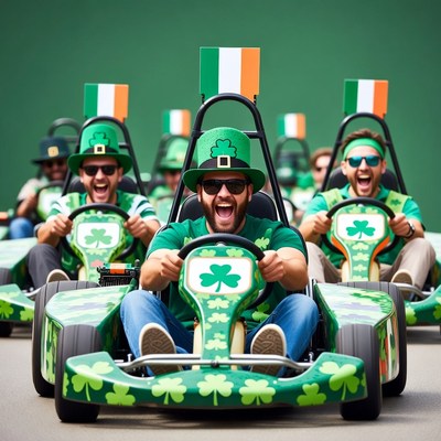 Men racing go-karts on St. Patrick's Day