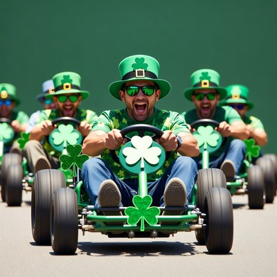 Men in green hats racing go-karts
