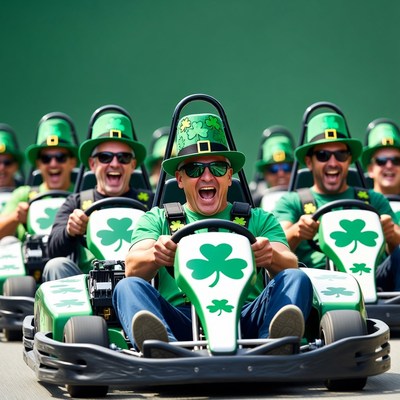 Men in green leprechaun hats racing go-karts