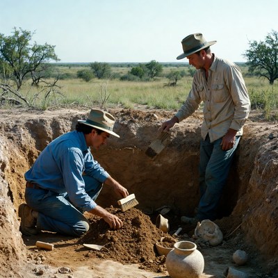 Two Men Archaeologists Digging Artifacts