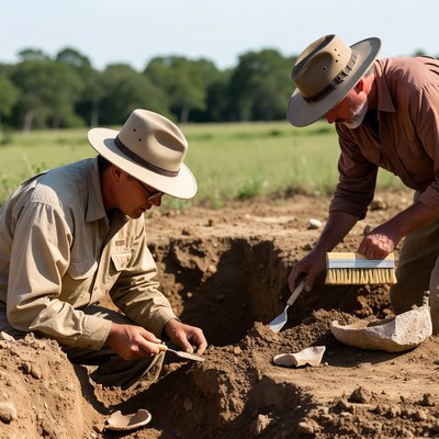 Two men archaeologists excavating artifacts