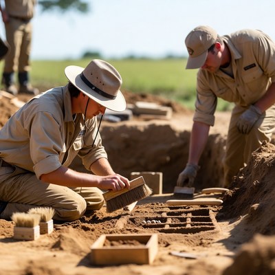 Archaeologists excavating artifacts with brushes