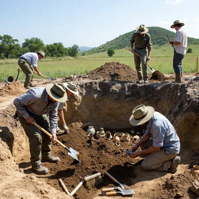Archaeologists Excavating Pottery at Dig Site
