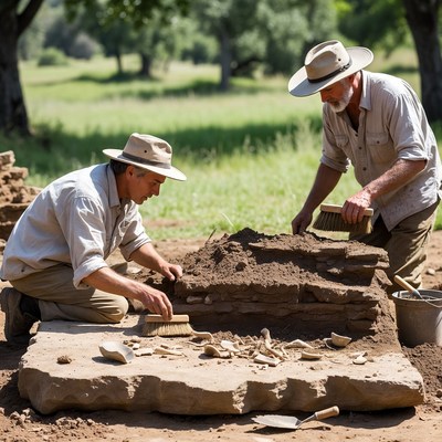 Two Men Archaeologists Excavating Site