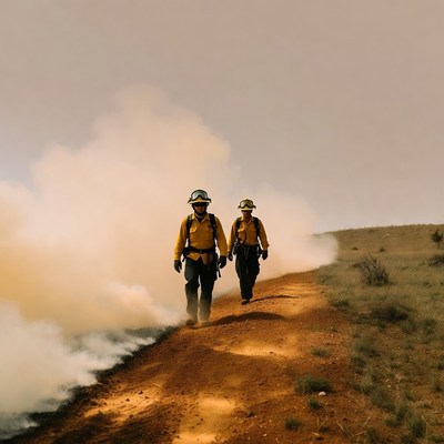 Two firefighters walking near wildfire