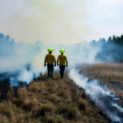 Two firefighters walking in smoky wildfire