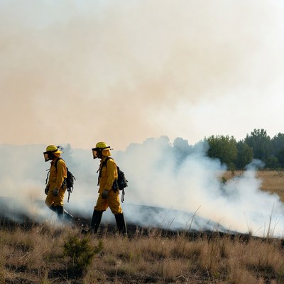 Two firefighters walking in smoky field