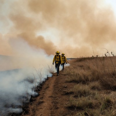 Firefighters walking through smoky grassland