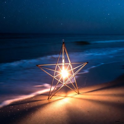 Glowing Star Lantern on Beach at Night