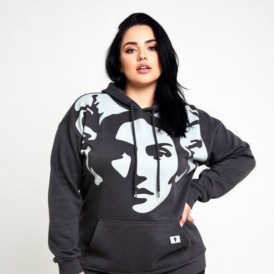 Curvy Latina woman in Medusa hoodie