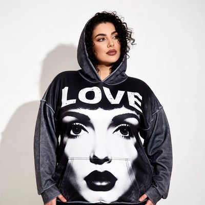 Curvy Middle Eastern woman in LOVE hoodie