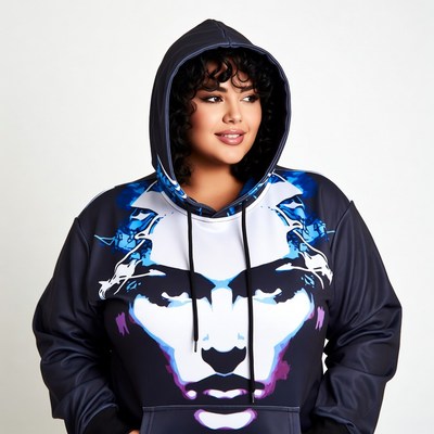 Curvy Latina woman in graphic hoodie