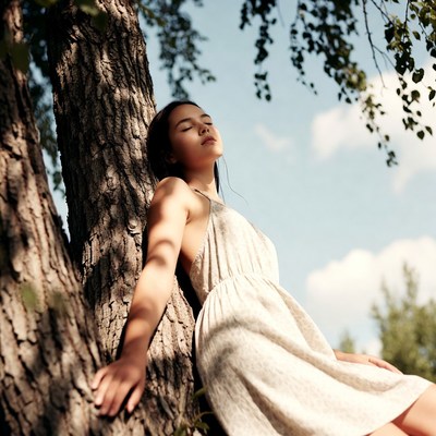 Asian woman leaning against tree