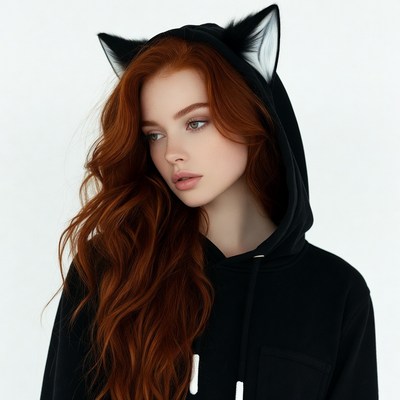 Redhead woman in cat ear hoodie