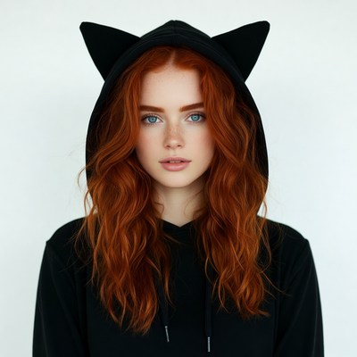 Redhead woman in black cat ear hoodie