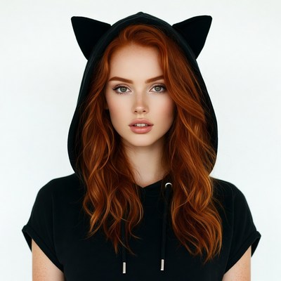 Redhead woman in cat ear hoodie