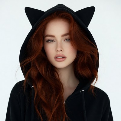 Redhead woman in cat ear hoodie